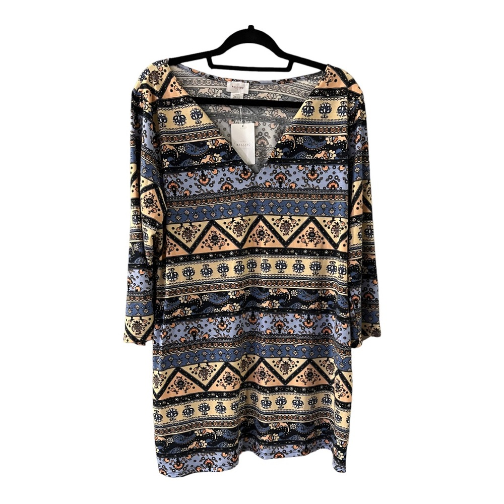 Bellino Vintage Aztec Floral Oversize Plus Size Midi V Neck Long Sleeve Sz Large